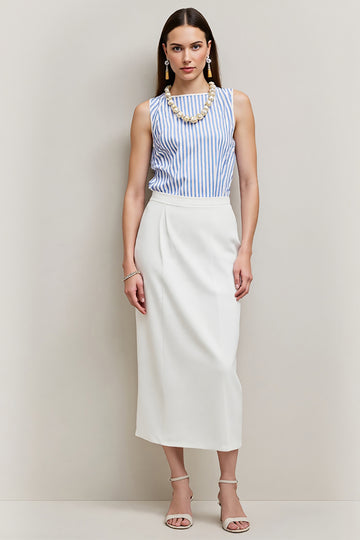 White Blue Bodycon Striped Tea Length Work Dress with Slit